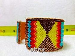 HUGE 7 3/4 Native American Beaded Cuff Bracelet Turtle Feather Cherokee Fire