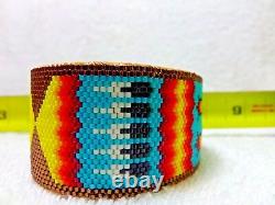 HUGE 7 3/4 Native American Beaded Cuff Bracelet Turtle Feather Cherokee Fire