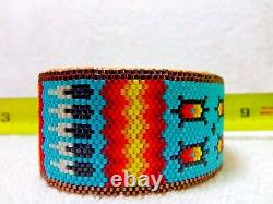 HUGE 7 3/4 Native American Beaded Cuff Bracelet Turtle Feather Cherokee Fire