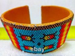 HUGE 7 3/4 Native American Beaded Cuff Bracelet Turtle Feather Cherokee Fire