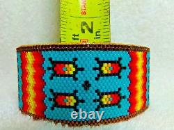 HUGE 7 3/4 Native American Beaded Cuff Bracelet Turtle Feather Cherokee Fire