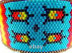 HUGE 7 3/4 Native American Beaded Cuff Bracelet Turtle Feather Cherokee Fire