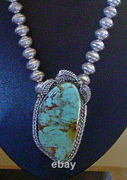 HUGE GORGEOUS ROYSTON TURQUOISE STERLING PENDANT With NAVAJO PEARL BEADS NECKLACE