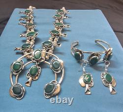 HUGE MALACHITE Silver Squash Blossom Necklace /w Bracelet and Earrings