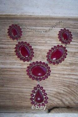 HUGE Southwestern Silver & Ruby Colored Cluster Squash Blossom Lariat Necklace