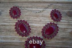 HUGE Southwestern Silver & Ruby Colored Cluster Squash Blossom Lariat Necklace