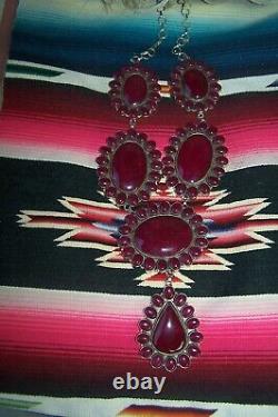 HUGE Southwestern Silver & Ruby Colored Cluster Squash Blossom Lariat Necklace