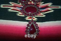 HUGE Southwestern Silver & Ruby Colored Cluster Squash Blossom Lariat Necklace