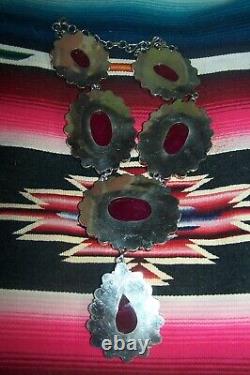 HUGE Southwestern Silver & Ruby Colored Cluster Squash Blossom Lariat Necklace