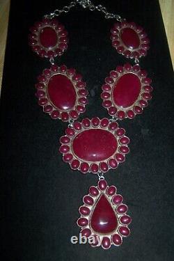 HUGE Southwestern Silver & Ruby Colored Cluster Squash Blossom Lariat Necklace