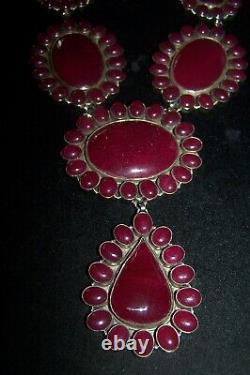 HUGE Southwestern Silver & Ruby Colored Cluster Squash Blossom Lariat Necklace