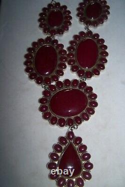 HUGE Southwestern Silver & Ruby Colored Cluster Squash Blossom Lariat Necklace