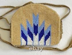 Hand Beaded Native American Leather Seed Bead Purse with Zipper Long Strap 5 X 4