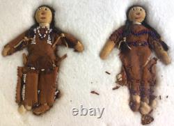 Handcrafted Native American Leather Face Dolls Beaded Face Seed Beads 1940s Vtg