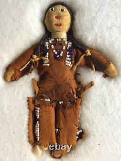 Handcrafted Native American Leather Face Dolls Beaded Face Seed Beads 1940s Vtg