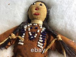 Handcrafted Native American Leather Face Dolls Beaded Face Seed Beads 1940s Vtg