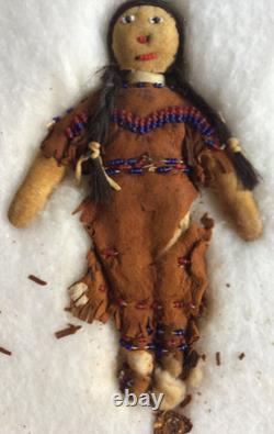Handcrafted Native American Leather Face Dolls Beaded Face Seed Beads 1940s Vtg