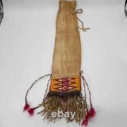 Handmade Dakota Buckskin Pipe Bag Vintage with Quillwork Fringe and Tin Cones
