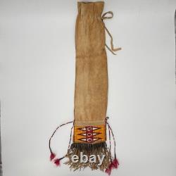 Handmade Dakota Buckskin Pipe Bag Vintage with Quillwork Fringe and Tin Cones