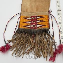Handmade Dakota Buckskin Pipe Bag Vintage with Quillwork Fringe and Tin Cones