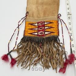 Handmade Dakota Buckskin Pipe Bag Vintage with Quillwork Fringe and Tin Cones