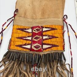 Handmade Dakota Buckskin Pipe Bag Vintage with Quillwork Fringe and Tin Cones