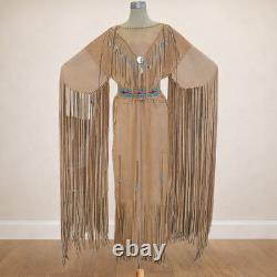 Handmade Native American Buckskin Fringe Dress with Beads & Belt Tan