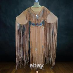 Handmade Native American Buckskin Fringe Dress with Beads & Belt Tan