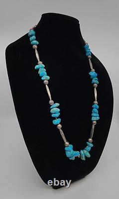 Handmade Native American Sterling Bench Beaded Necklace W Turquoise Stones 33