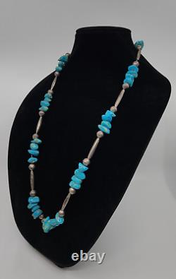 Handmade Native American Sterling Bench Beaded Necklace W Turquoise Stones 33