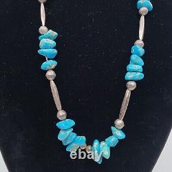 Handmade Native American Sterling Bench Beaded Necklace W Turquoise Stones 33