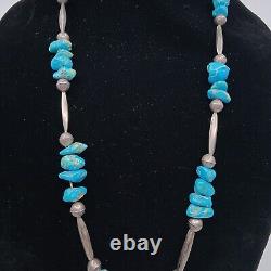 Handmade Native American Sterling Bench Beaded Necklace W Turquoise Stones 33