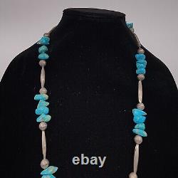 Handmade Native American Sterling Bench Beaded Necklace W Turquoise Stones 33