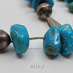 Handmade Native American Sterling Bench Beaded Necklace W Turquoise Stones 33