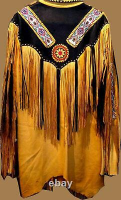Handmade Native American Western Wear Suede Leather Jacket Fringes & Beads Work