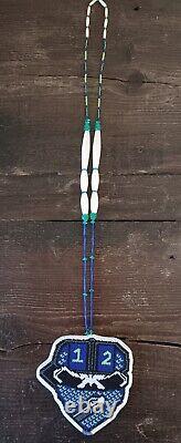 Handmade Native American-bead Seattle Seahawk skull medallion necklace blue grn