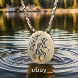 Hopi Vintage Signed Kokopelli Oval Overlay Pendant Sterling 925 w 28 Rope Chain