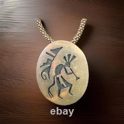 Hopi Vintage Signed Kokopelli Oval Overlay Pendant Sterling 925 w 28 Rope Chain