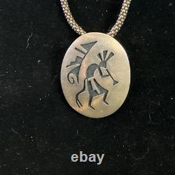Hopi Vintage Signed Kokopelli Oval Overlay Pendant Sterling 925 w 28 Rope Chain