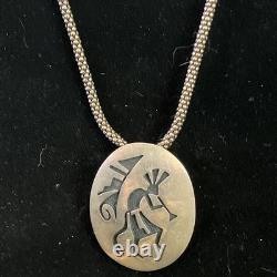 Hopi Vintage Signed Kokopelli Oval Overlay Pendant Sterling 925 w 28 Rope Chain