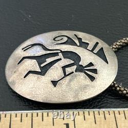 Hopi Vintage Signed Kokopelli Oval Overlay Pendant Sterling 925 w 28 Rope Chain