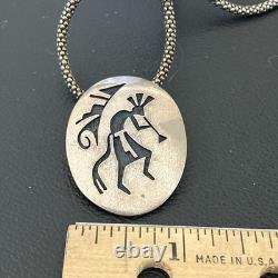 Hopi Vintage Signed Kokopelli Oval Overlay Pendant Sterling 925 w 28 Rope Chain