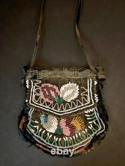 IROQUOIS BEADED CLOTH PURSE 1800s Native American Hand Bag Hand-Made Antique