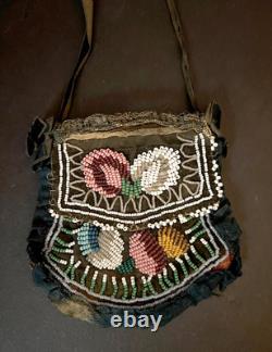 IROQUOIS BEADED CLOTH PURSE 1800s Native American Hand Bag Hand-Made Antique