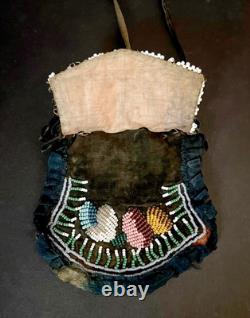IROQUOIS BEADED CLOTH PURSE 1800s Native American Hand Bag Hand-Made Antique