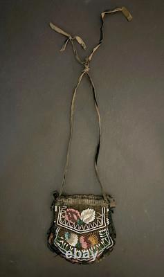 IROQUOIS BEADED CLOTH PURSE 1800s Native American Hand Bag Hand-Made Antique