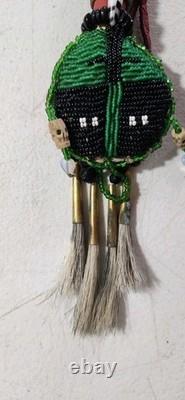 Indian Native American Beaded Leather Rattle Signed 1994