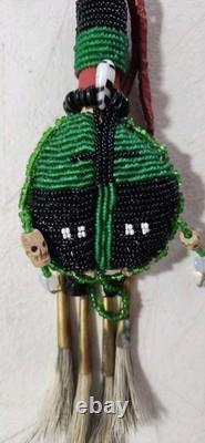 Indian Native American Beaded Leather Rattle Signed 1994