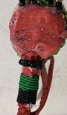 Indian Native American Beaded Leather Rattle Signed 1994