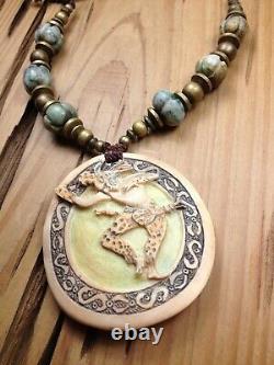 Jaguar Dancer Hand Carved Melon Shell Gorget Pendant Handmade Jadeite Beads